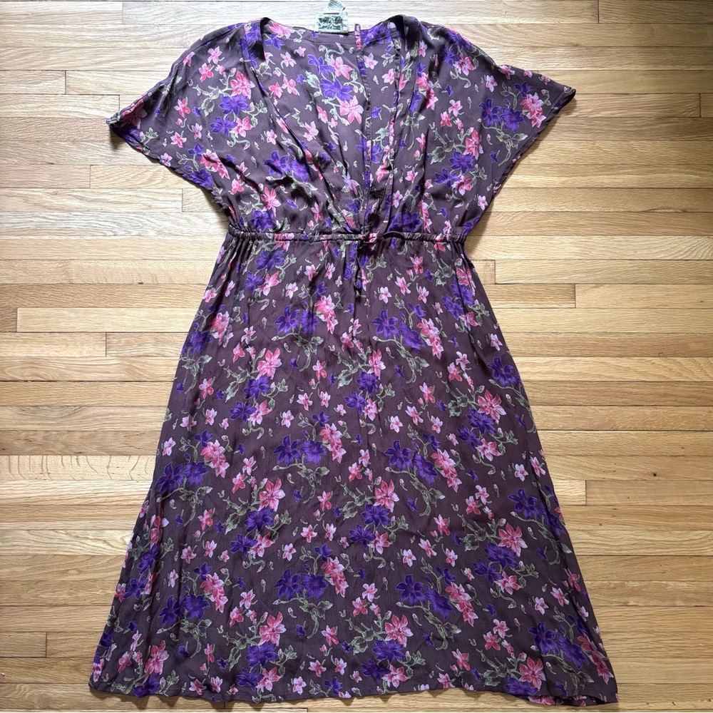 April Cornell Brown Floral Midi Dress with Purple and Pink Flowers